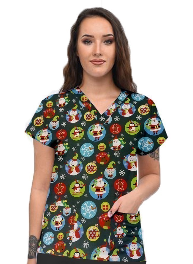 Santa and Penguin Printed Top V Neck 2 Pocket Half Sleeve in Interlock Stretch Fabric 100% polyester