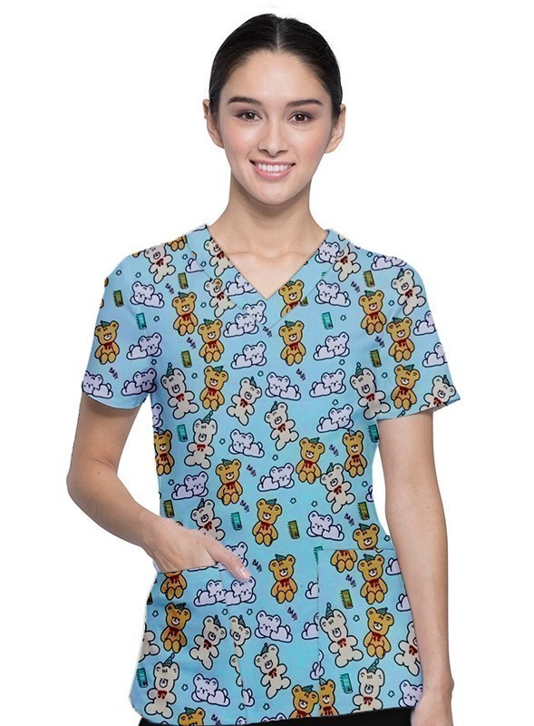 Baby Snuggle Buddies Printed Top V Neck 2 Pocket Half Sleeve in Interlock Stretch Fabric 100% polyester