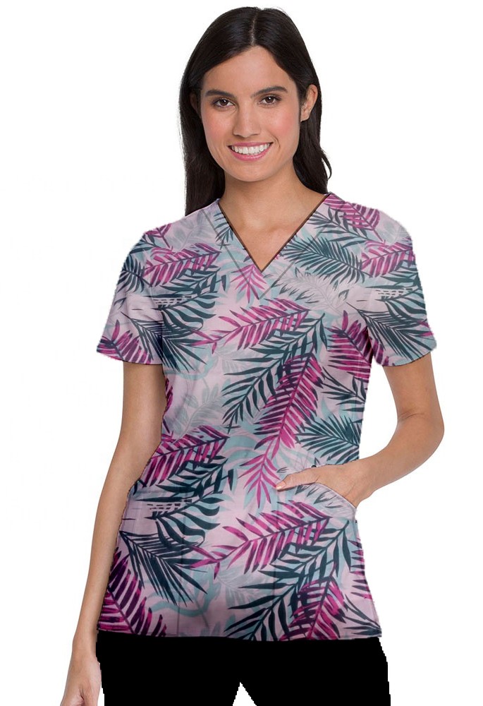 Pink leaves print Scrub Set 4 Pockets Ladies Half Sleeves (2 Pockets Top and 2 Pockets Pant)