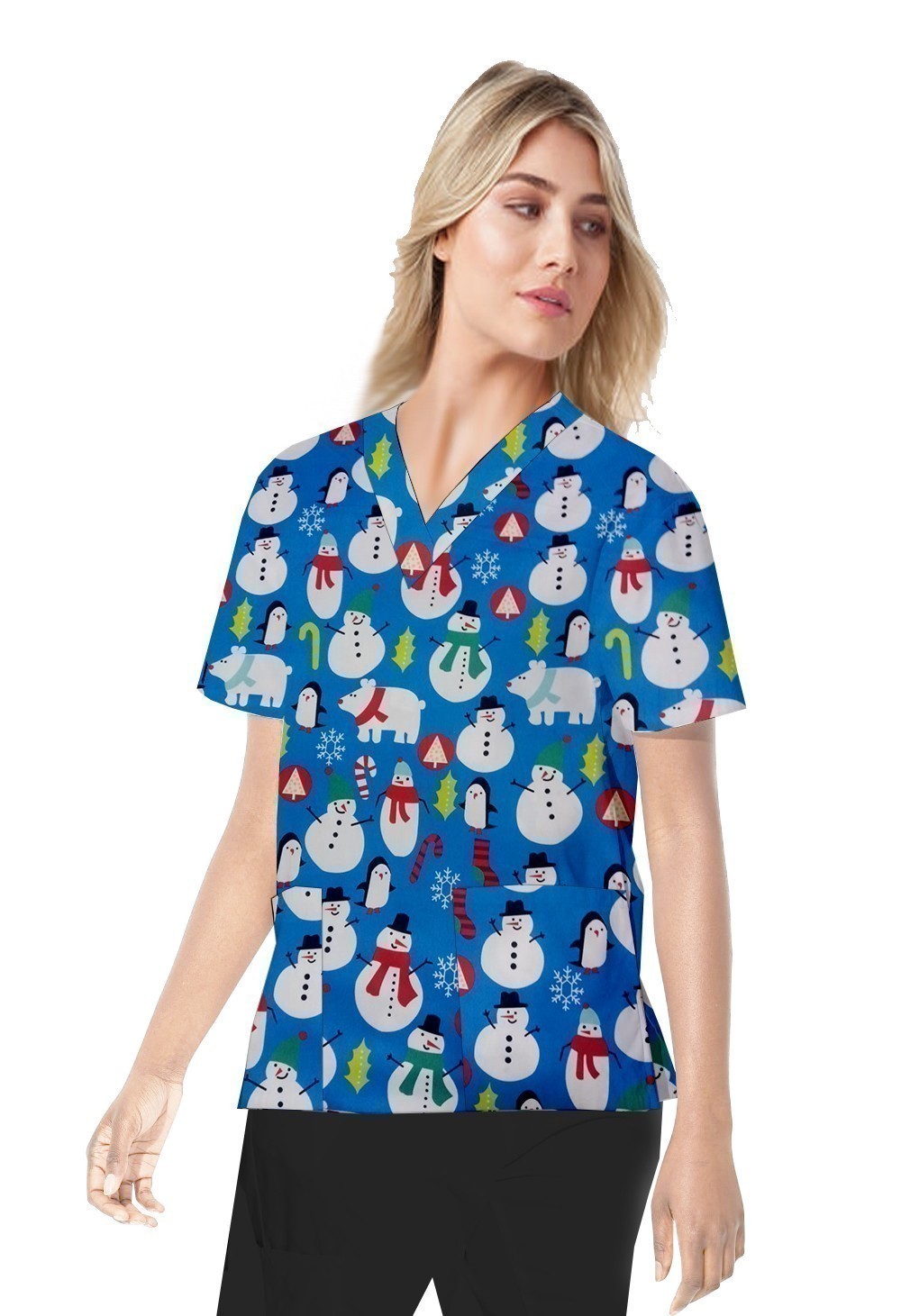 Stretch Snowman Printed Scrub Set (Scrub Top 2 Pockets, Scrub Pant 2 Pockets)