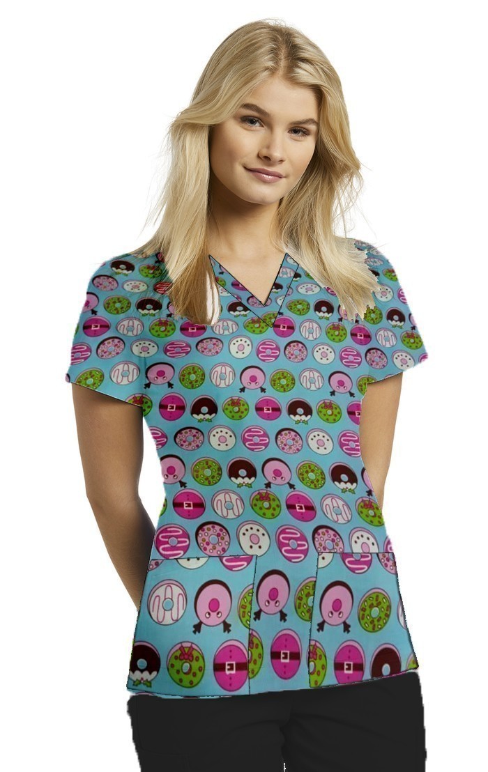 Donut Print Top v Neck 2 Pocket Half Sleeve ladies