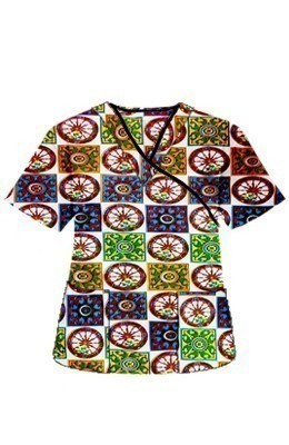 Top mock wrap 3 pocket half sleeve in Red Wheel Print with black piping in POPLIN FABRIC (65% POLYESTER, 35% COTTON)
