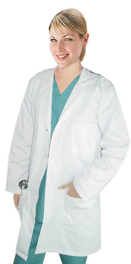 Twill labcoat ladies full sleeve plastic buttons 3 pockets solid pleated (48 perc cotton 52 perc polyester) in 36 38  40  42 inch  lengths