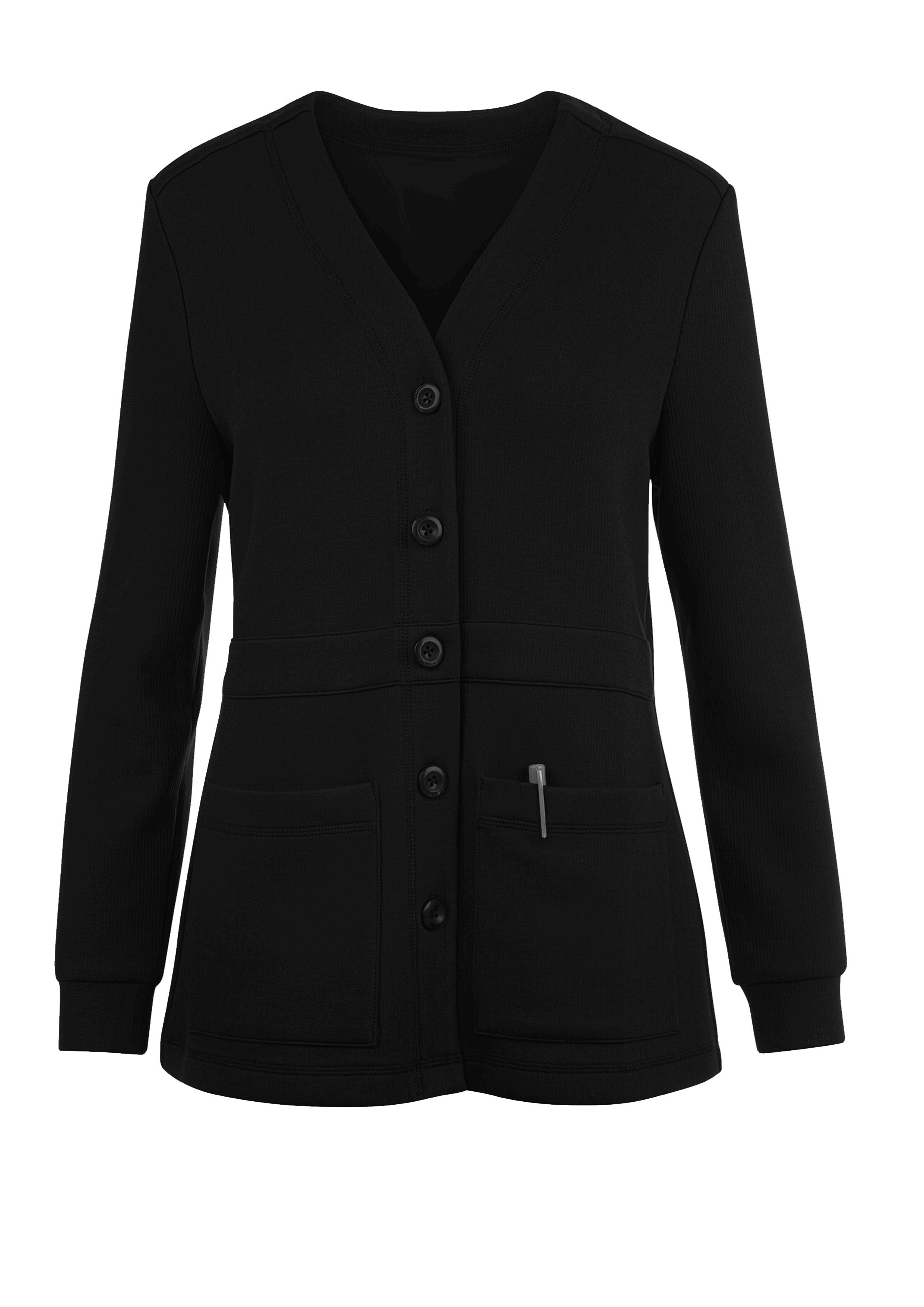 Stretchable Women’s Scrub Jacket V-Neck Cardigan Style 2 Pockets Full Sleeves with Front Inset Waistband and Half Back Elastic Shirring in 35% Cotton 60% Polyester 5% Spandex