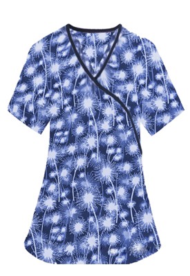 Printed scrub set mock wrap 5 pocket half sleeve in Blue Fire Work Print With Black Piping  (top 3 pocket with black bottom 2 pocket boot cut)