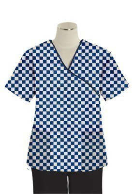 Printed scrub set mock wrap 5 pocket half sleeve in Blue Square Print With Black Piping  (top 3 pocket with black bottom 2 pocket boot cut)