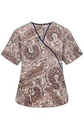 Printed scrub set mock wrap 5 pocket half sleeve in Brown Paisley Print with black piping  (top 3 pocket with black bottom 2 pocket boot cut)