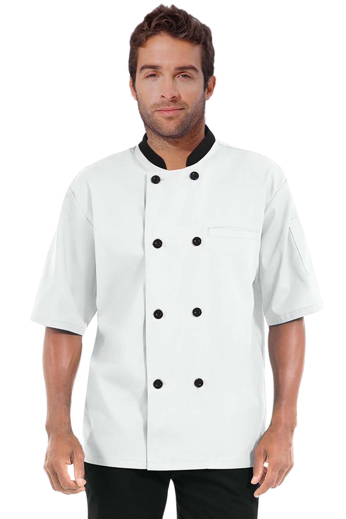 Chef Coat Unisex in Canvas Fabric (5 OZ) Half Sleeve With 1 Chest pocket and 1 Sleeve Pocket in Black Collar and Button Front Closure
