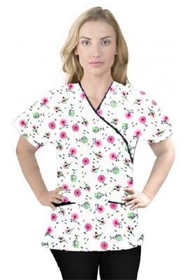 Printed scrub set mock wrap 5 pocket half sleeve in Cherry Blossom Print With Black Piping (top 3 pocket with black bottom 2 pocket boot cut)