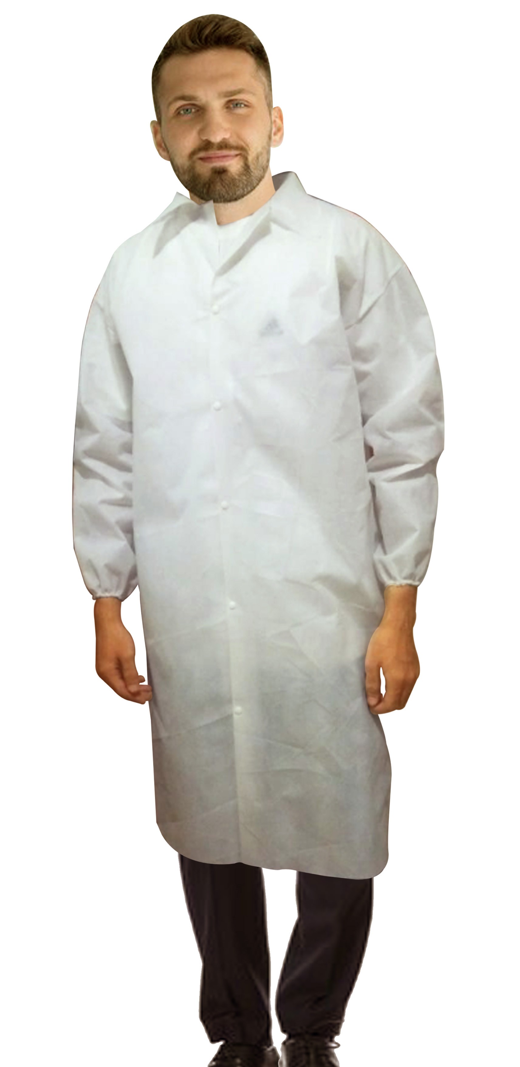 Disposable lab coat unisex full sleeve with elastic closer without pocket and front plastic snap buttons 