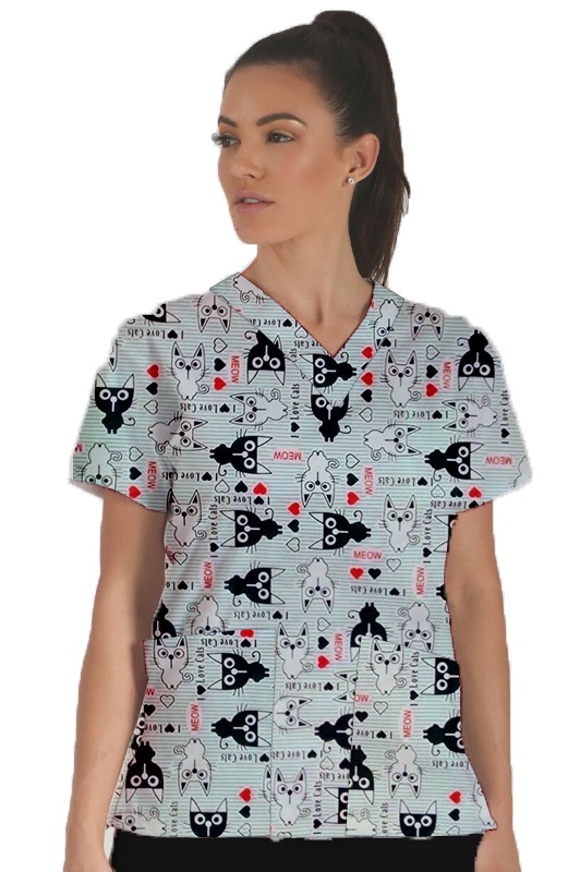 Cat Print Top v Neck 2 Pocket Half Sleeve ladies