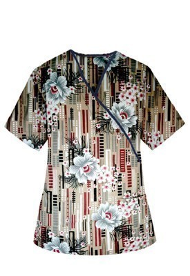 Printed scrub set mock wrap 5 pocket half sleeve in Flower and Shapes Print With Black Piping  (top 3 pocket with black bottom 2 pocket boot cut)