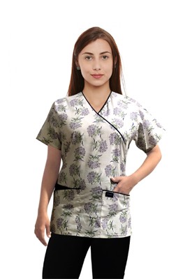 Printed scrub set mock wrap 5 pocket half sleeve in Flower Bouquet Print With Black Piping  (top 3 pocket with black bottom 2 pocket boot cut)