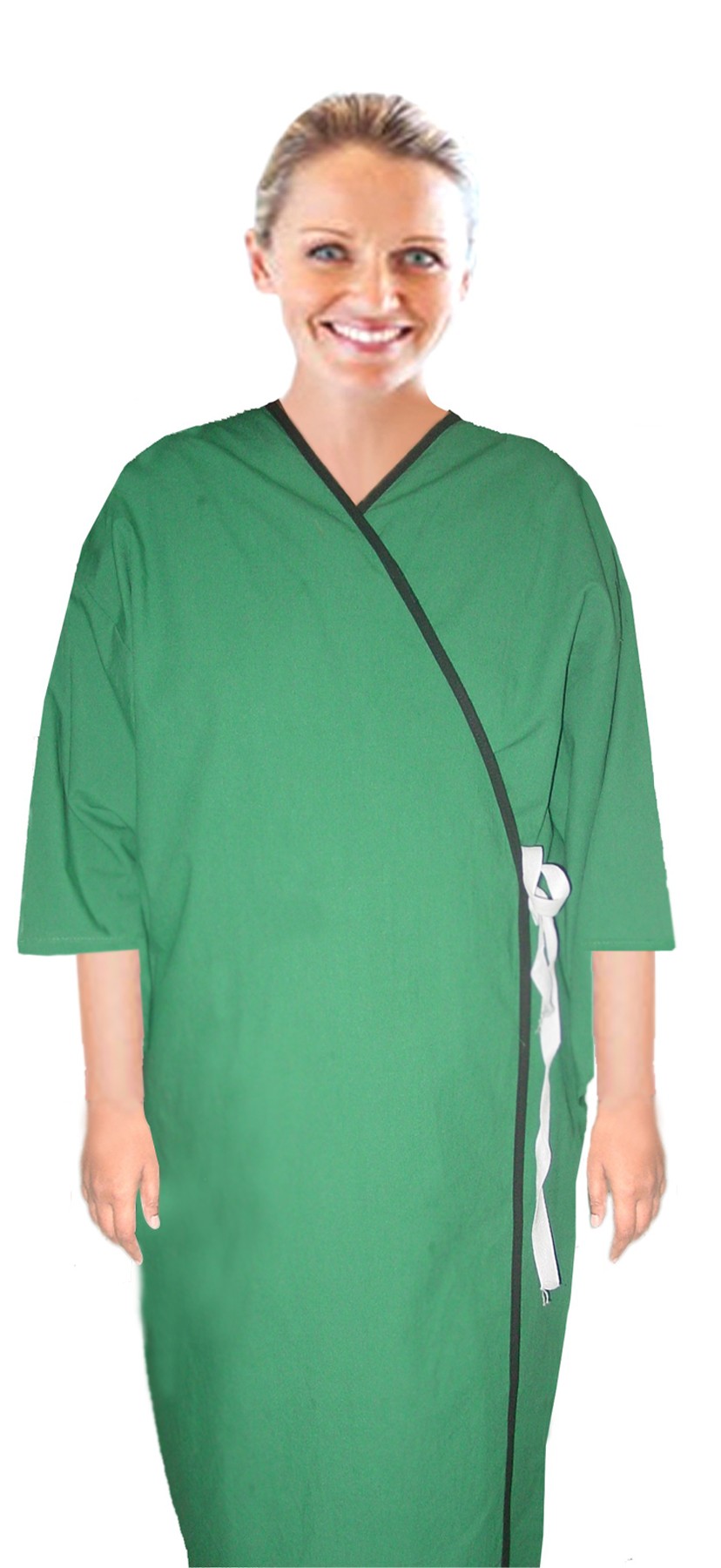 New Patient gown  front open solid 3/4 sleeve with contrast piping tie able, Sizes XS-9X
