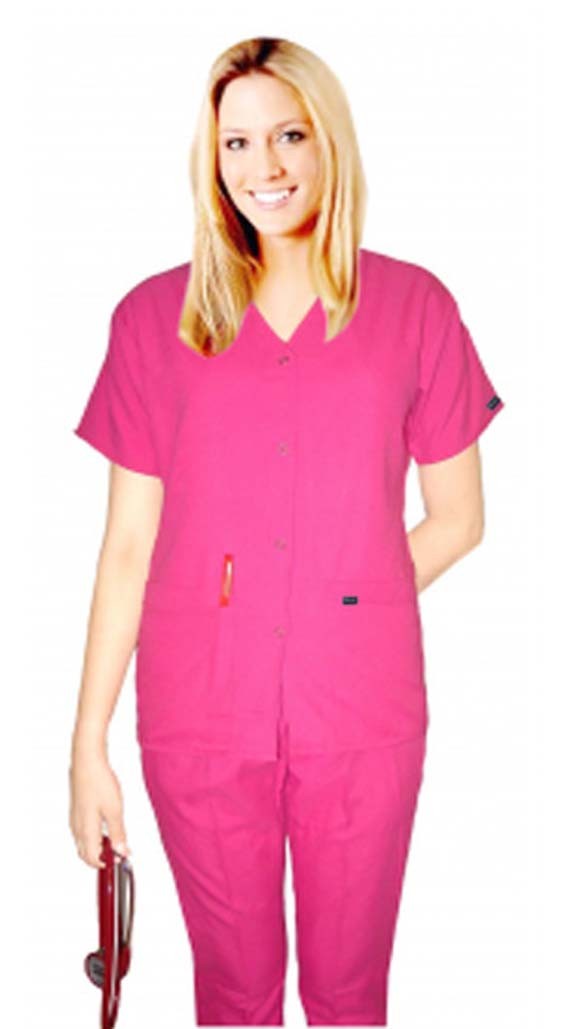 Microfiber scrub set 5 pocket solid ladies front open collar with snap buttons half sleeve (2 pkt top with pencil pocket , 2pkt bootcut pant)