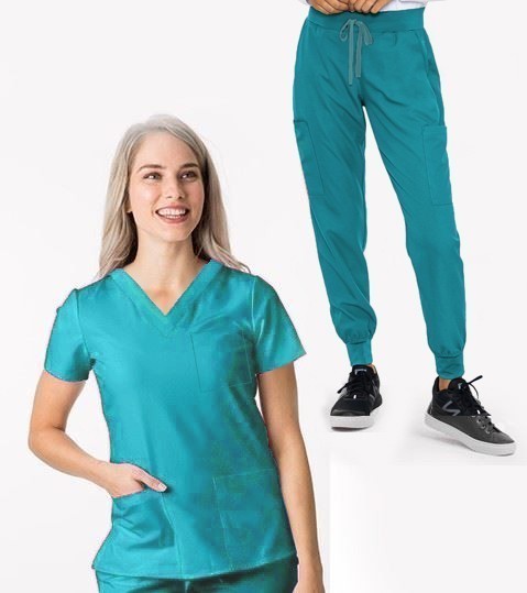 Stretch Ladies Jogger Scrub Set 7 Pockets Half Sleeves, Top 3 Pockets (1 Chest Pocket and 2 Lower Pockets) and Jogger Pant 4 Pockets (2 Back Pocket, 2 Cargo Pocket) with Half Elastic Waistband and Matching Drawstring Both