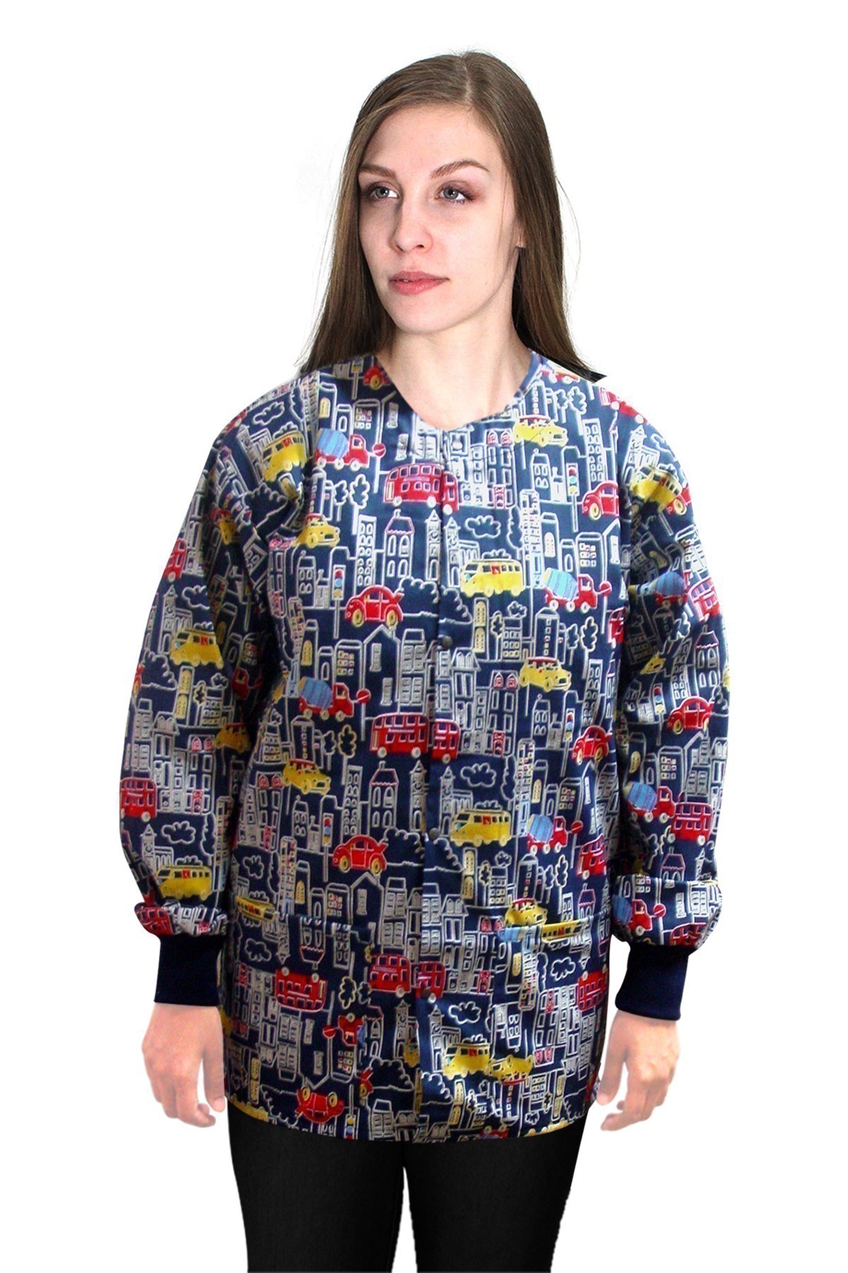 Jacket 2 pocket printed unisex full sleeve in Building and Bus print with rib