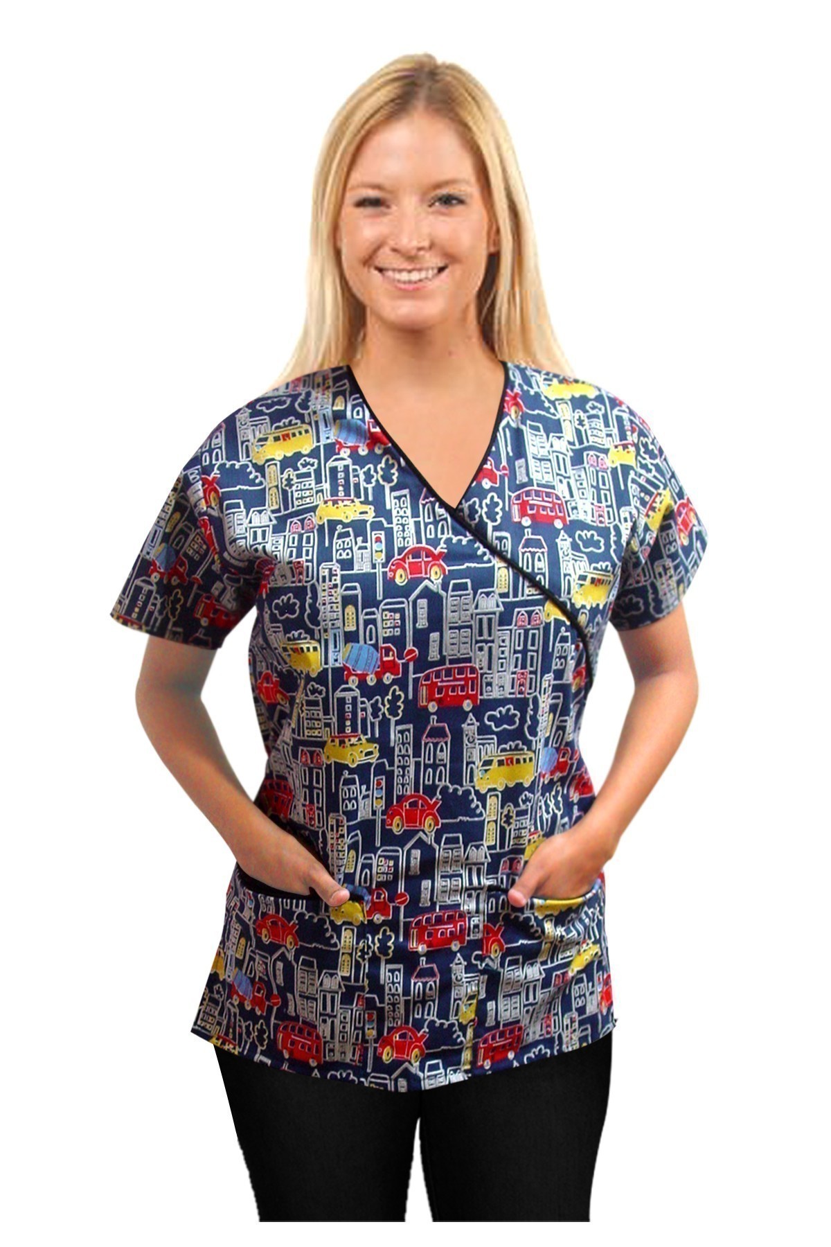 Printed scrub set mock wrap 5 pocket half sleeve in Building and bus Print with black piping  (top 3 pocket with black bottom 2 pocket boot cut)