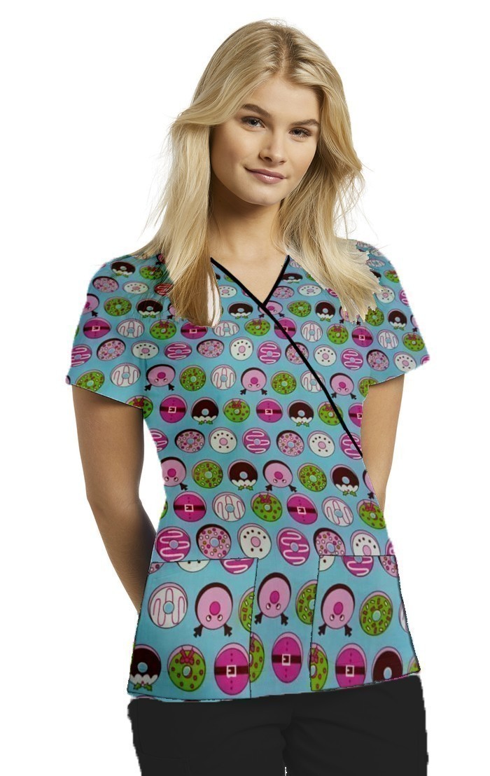 Donut Print Top Mock Wrap With Black Piping 3 Pocket Half Selves