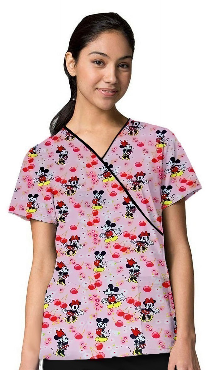 Mickey Mouse Print Top mock wrap 3 pocket half sleeve with black piping in Interlock Stretch Fabric 100% Polyester