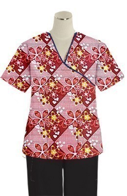 Printed scrub set mock wrap 5 pocket half sleeve in Brown Flowers With Yellow Filling Print With Black Piping  (top 3 pocket with black bottom 2 pocket boot cut) (100% Polyester Fabric)