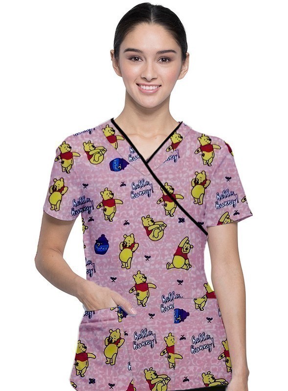 Pooh Printed Top mock wrap 3 pocket half sleeve with black piping Interlock Stretch Fabric 100% polyester