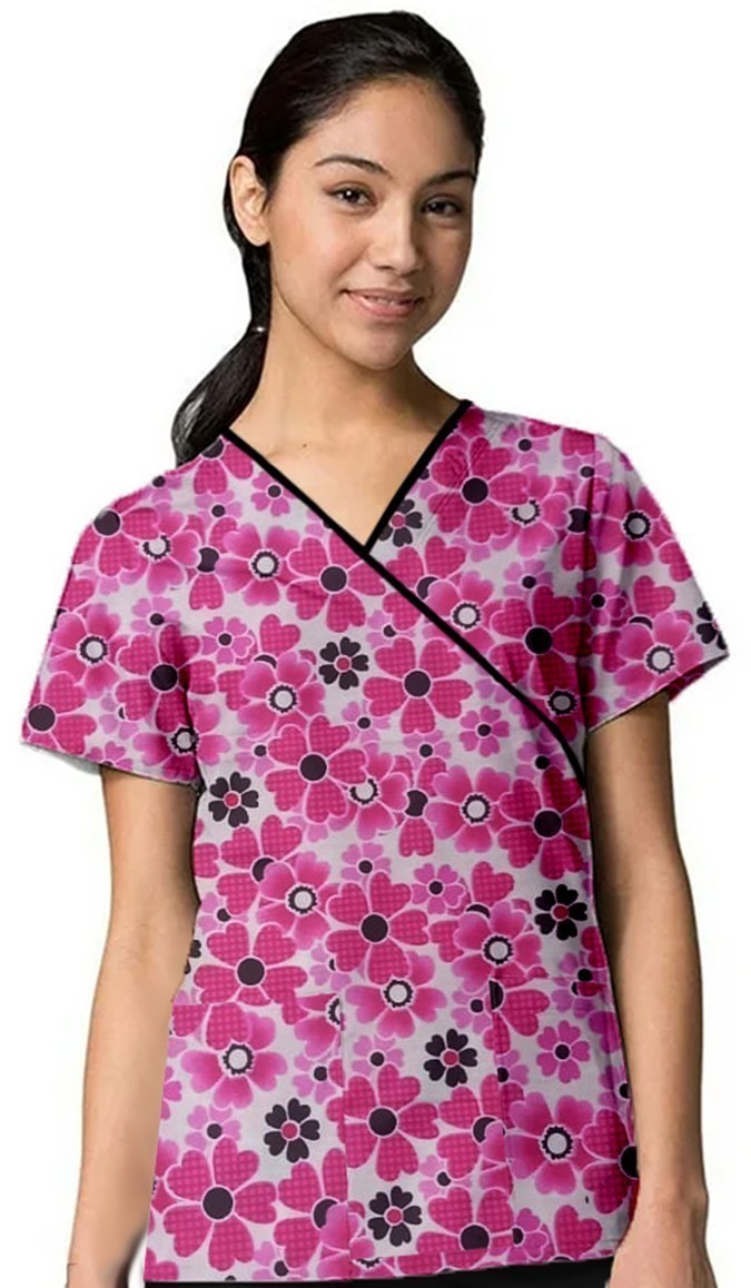 Pink Flowers Print Top mock wrap 3 pocket half sleeve with black piping Interlock Stretch Fabric 100% polyester