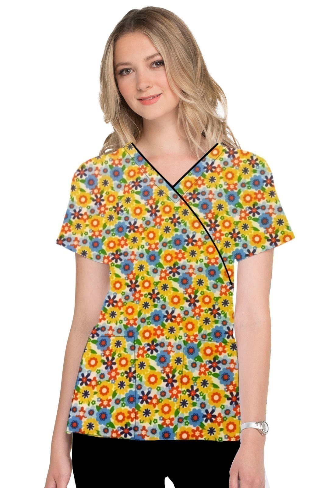 Blooming Flowers Print Scrub Set Mock Wrap With Black Piping 5 Pocket Half Sleeves (Top 3 Pockets With Black Bottom 2 Pockets Boot cut)
