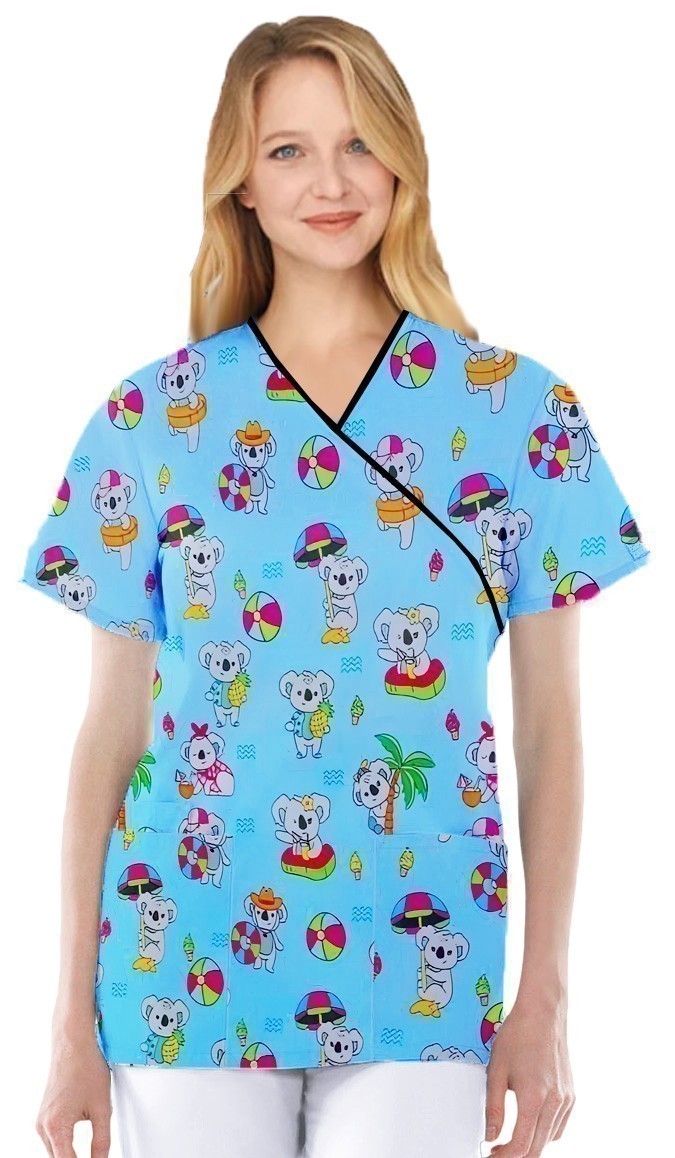 Teddy Bear Print Top mock wrap 3 pocket half sleeve with black piping in Interlock Stretch Fabric 100% Polyester