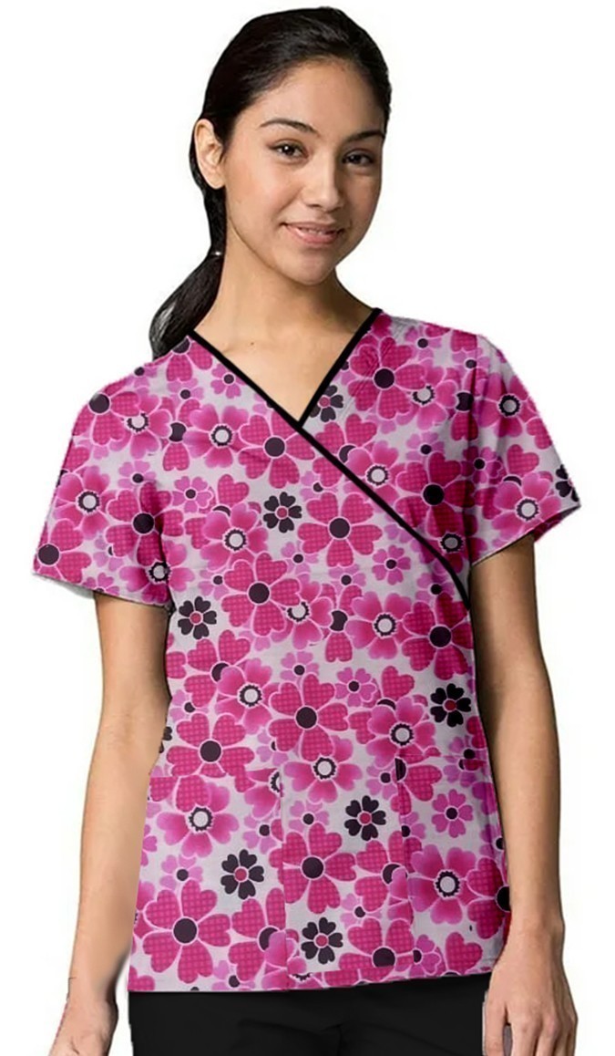 Pink Flowers Print Scrub Set Mock Wrap With Black Piping 5 Pocket Half Sleeves (Top 3 Pockets With Bottom 2 Pockets Boot cut)