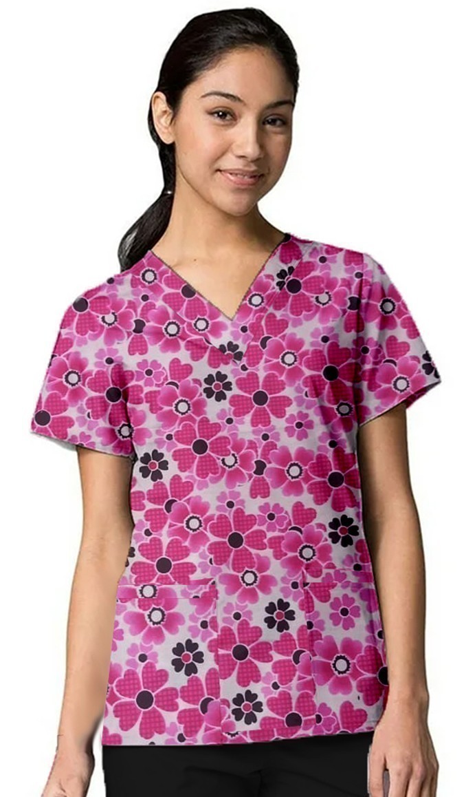 Pink Flowers Print Scrub Set 4 Pockets Ladies Half Sleeves (2 Pockets Top and 2 Pockets Pant)