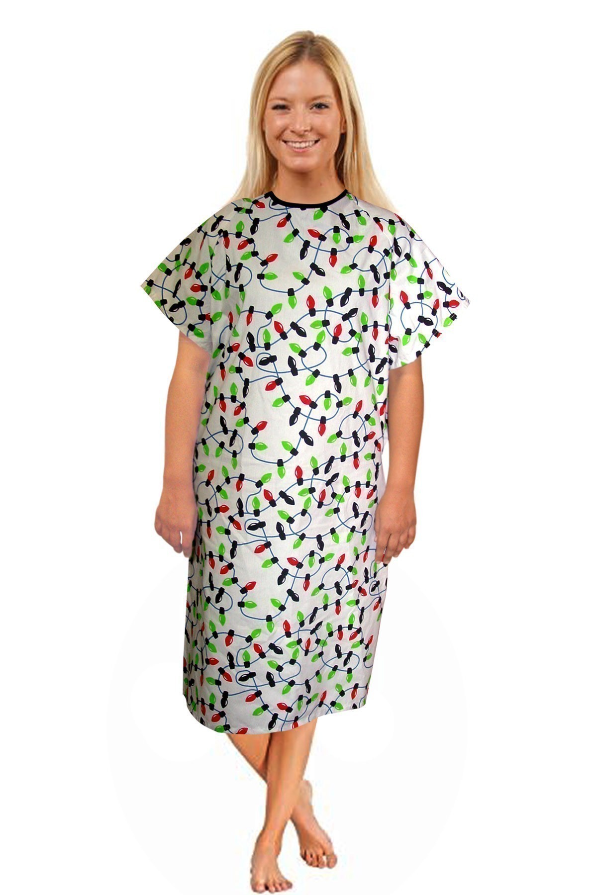 Patient gown 1 chest pocket half sleeve back open tie-able, light print, Sizes XS-9X