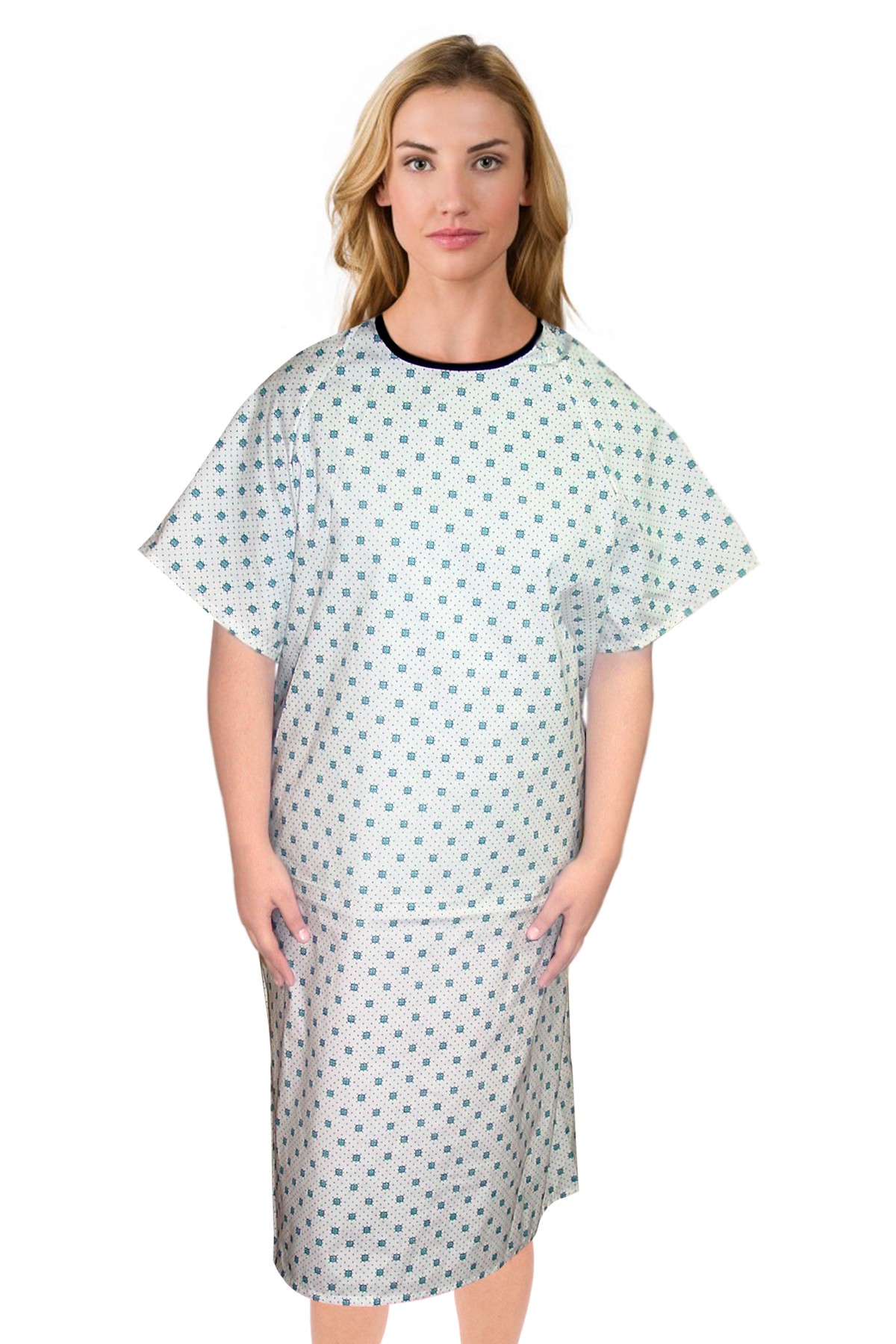 Patient gown half sleeve back open, Green Square Print, Sizes XS-9X