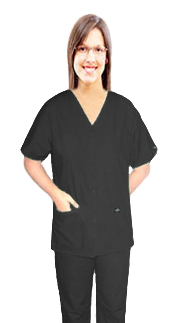 Stretchable Scrub set 4 pocket solid ladies front open v-neck with snap buttons half sleeve (2 pocket top 2 pocket boot cut pant) in 35% Cotton 63% Polyester 2% Spandex