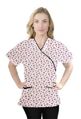 Printed scrub set mock wrap 5 pocket half sleeve in pink and black flower print with black piping (top 3 pocket with black bottom 2 pocket boot cut)