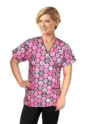 Top mock wrap 3 pocket half sleeve in pink ribbon with black piping