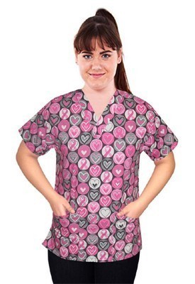 Pink Ribbon Print Top v neck 2 pocket half sleeves in POPLIN FABRIC (65% POLYESTER, 35% COTTON)