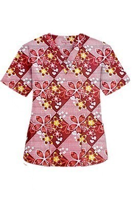 Top v neck 2 pocket half sleeve in Brown flowers with yellow filling print Ladies (100% Polyester Fabric) 
