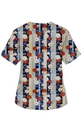 Top v neck 2 pocket half sleeve in Red and Beige flowers with blue background