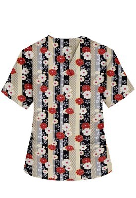 Top v neck 2 pocket half sleeve in Red and Beige flowers with Grey backgroud ladies