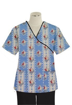 Top mock wrap 3 pocket half sleeve in Red and peach tulip print with black piping