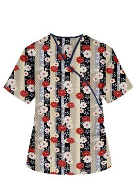 Printed scrub set mock wrap 5 pocket half sleeve in Red and Beige flowers with Grey backgroud with black piping  (top 3 pocket with black bottom 2 pocket boot cut)