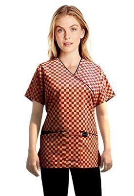 Top mock wrap 3 pocket half sleeve in Red Square with black piping in POPLIN FABRIC (65% POLYESTER, 35% COTTON)