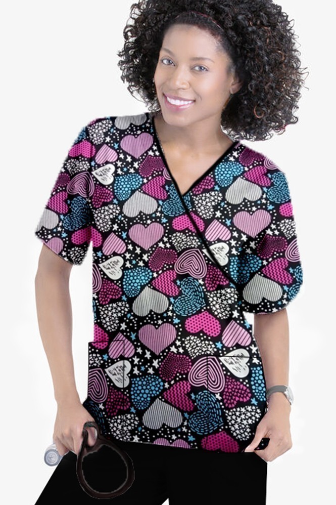 Magical Hearts Print Scrub Set Mock Wrap With Black Piping 5 Pocket Half Sleeves (Top 3 Pockets With Bottom 2 Pockets Boot cut)