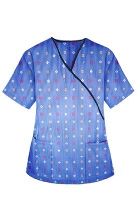 Printed scrub set mock wrap 5 pocket half sleeve in Shapes Print with black piping  (top 3 pocket with black bottom 2 pocket boot cut)