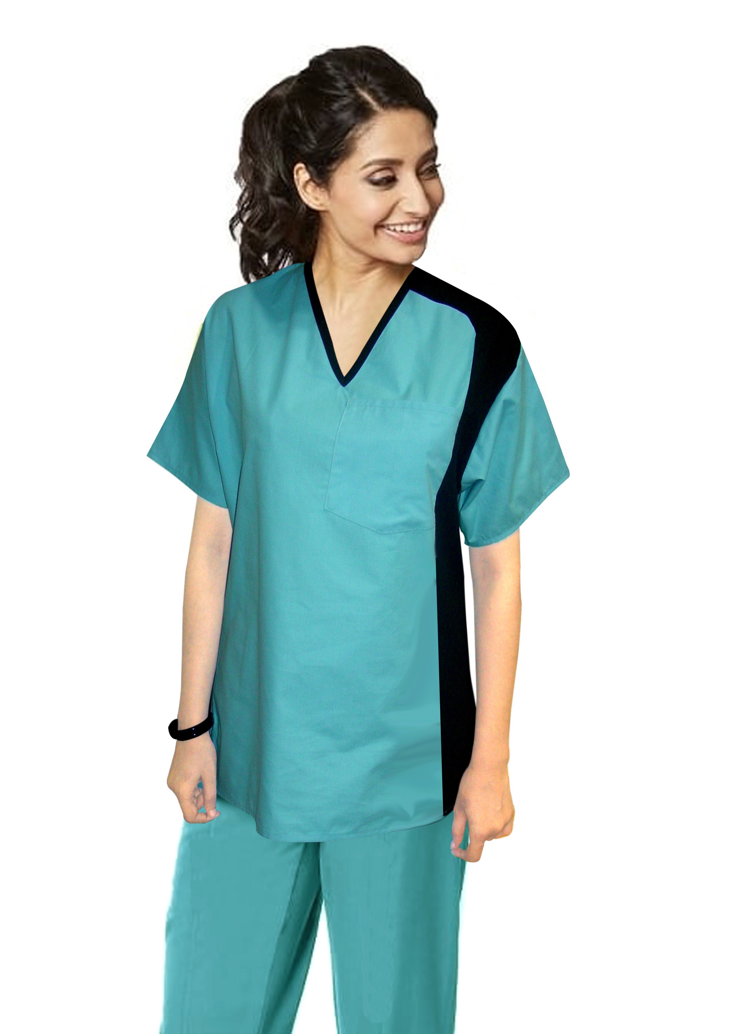 Sleeve side contrast set ladies with matching bottom (top 1 pkt with bottom 2 pkt boot cut) in 65% Polyester 35% Cotton
