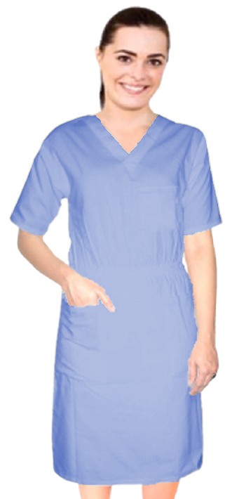 Stretch Nursing dress half sleeve elastic waist v neck with 3 front pockets below knee length