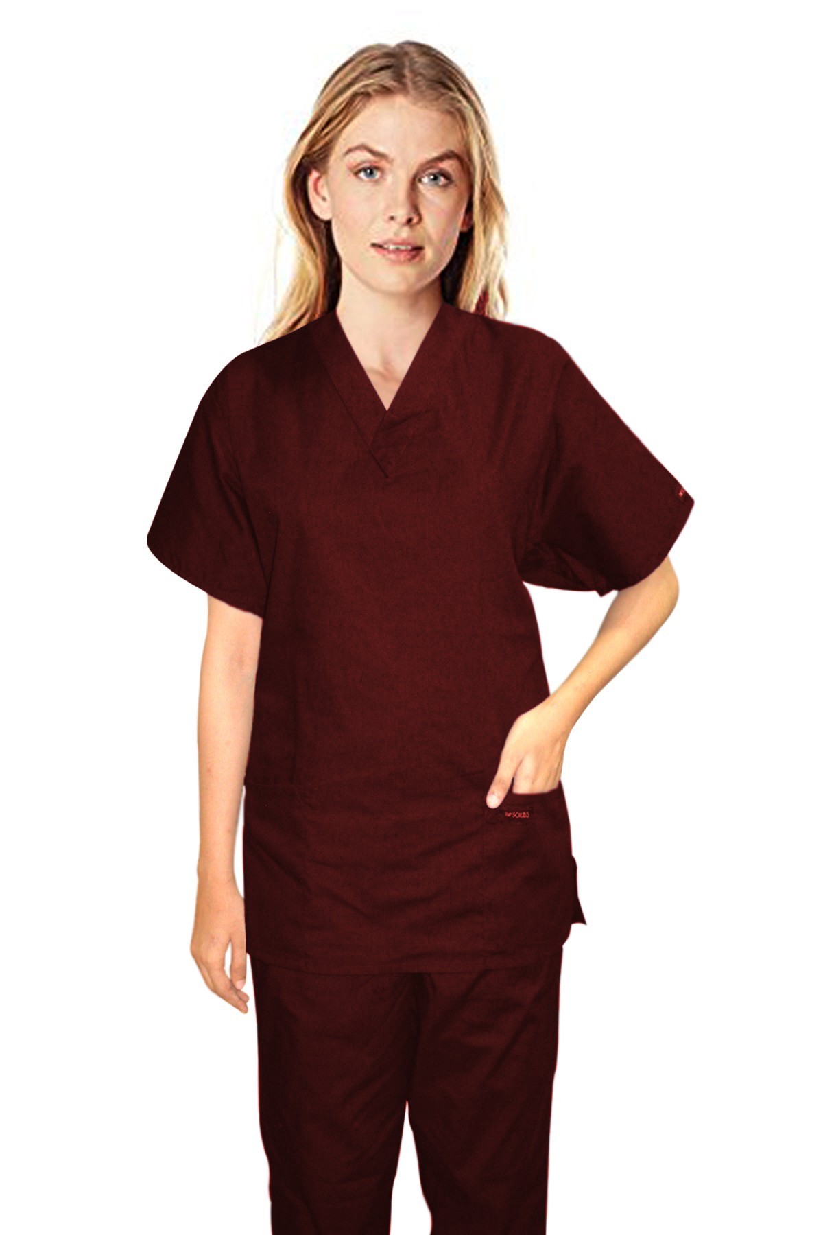 Stretchable Scrub set 7 pockets v neck Ladies half sleeve (3 pkts top & pant 4 pkt 2 side pkts 1 cargo pkts 1 back pkts) in 35% Cotton 60% Polyester 5% Spandex