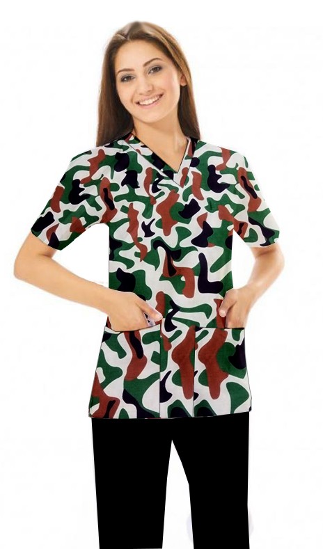 Camouflage V-neck Set 4 Pockets Unisex half Sleeves (2 pocket top & 2 pocket black pant)