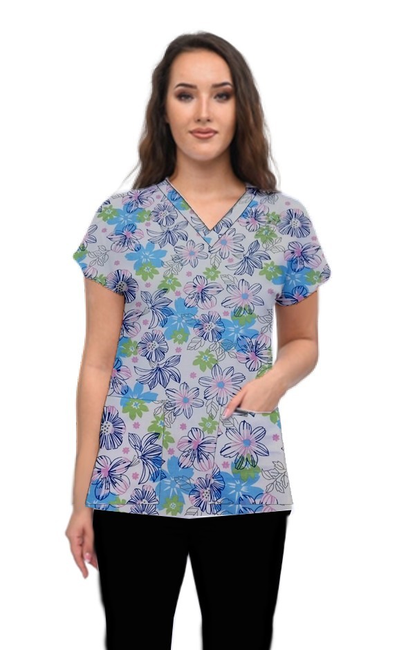 Blue and Green Flower Print Scrub Set 4 Pockets Ladies Half Sleeves (2 Pockets Top and 2 Pockets Pant)